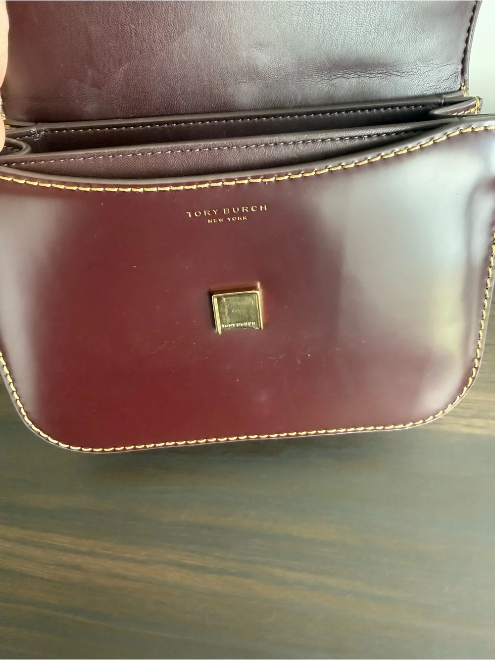 Tory Burch Convertible Chain Crossbody Bag in Burgundy with Gold Hardware